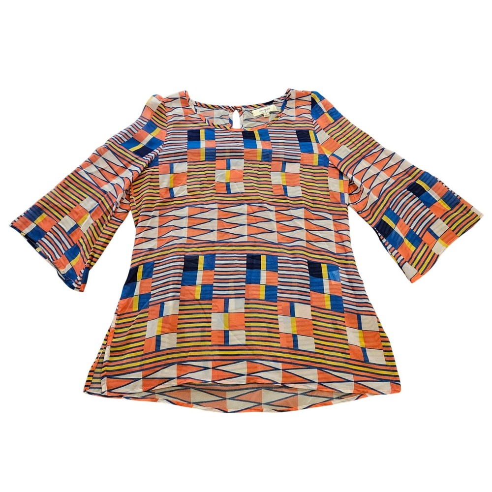 Umgee USA Geometric Print Bell Sleeve Blouse Orange Blue Small Boho